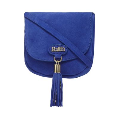 Bright blue suede tasselled saddle bag